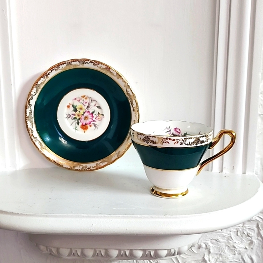 Vintage HM Sutherland Bone China Footed Tea Cup and Saucer Made in England Green
